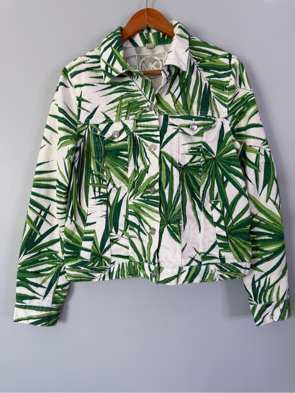 Michael Kors Tropical Palm Print Denim Jacket Size 10